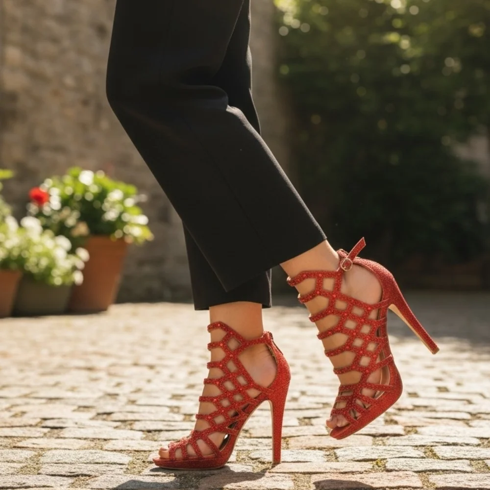 Chic Red Caged Heels